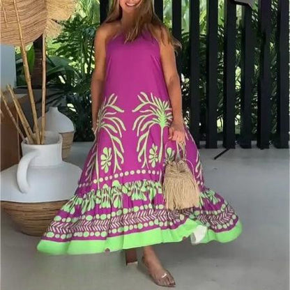 Women's Dress - Sleeveless A-Line - Halterneck - Ruched Hem - Tropical Floral Pattern