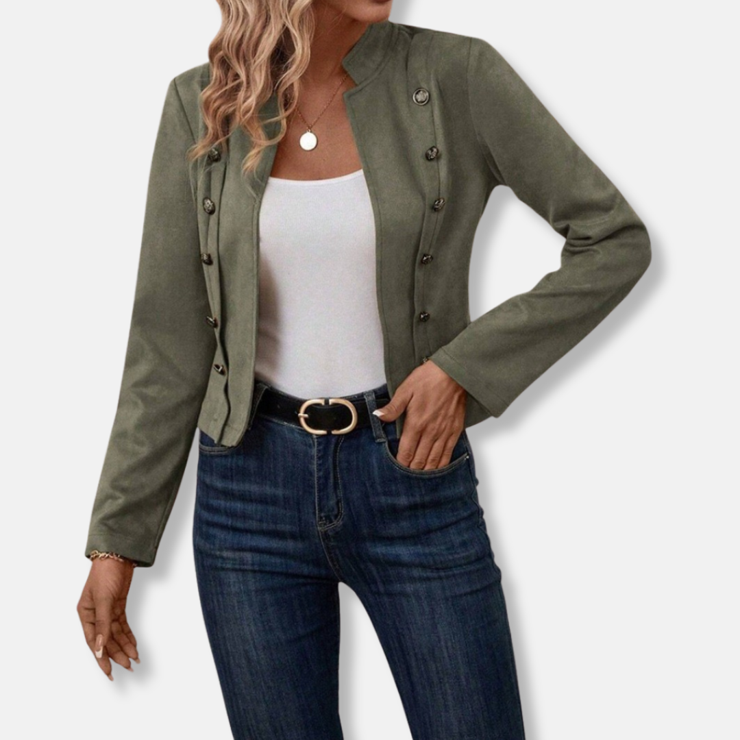 Isla Tailored Fit Blazer Jacket | Band Collar Decorative Buttons Jacket