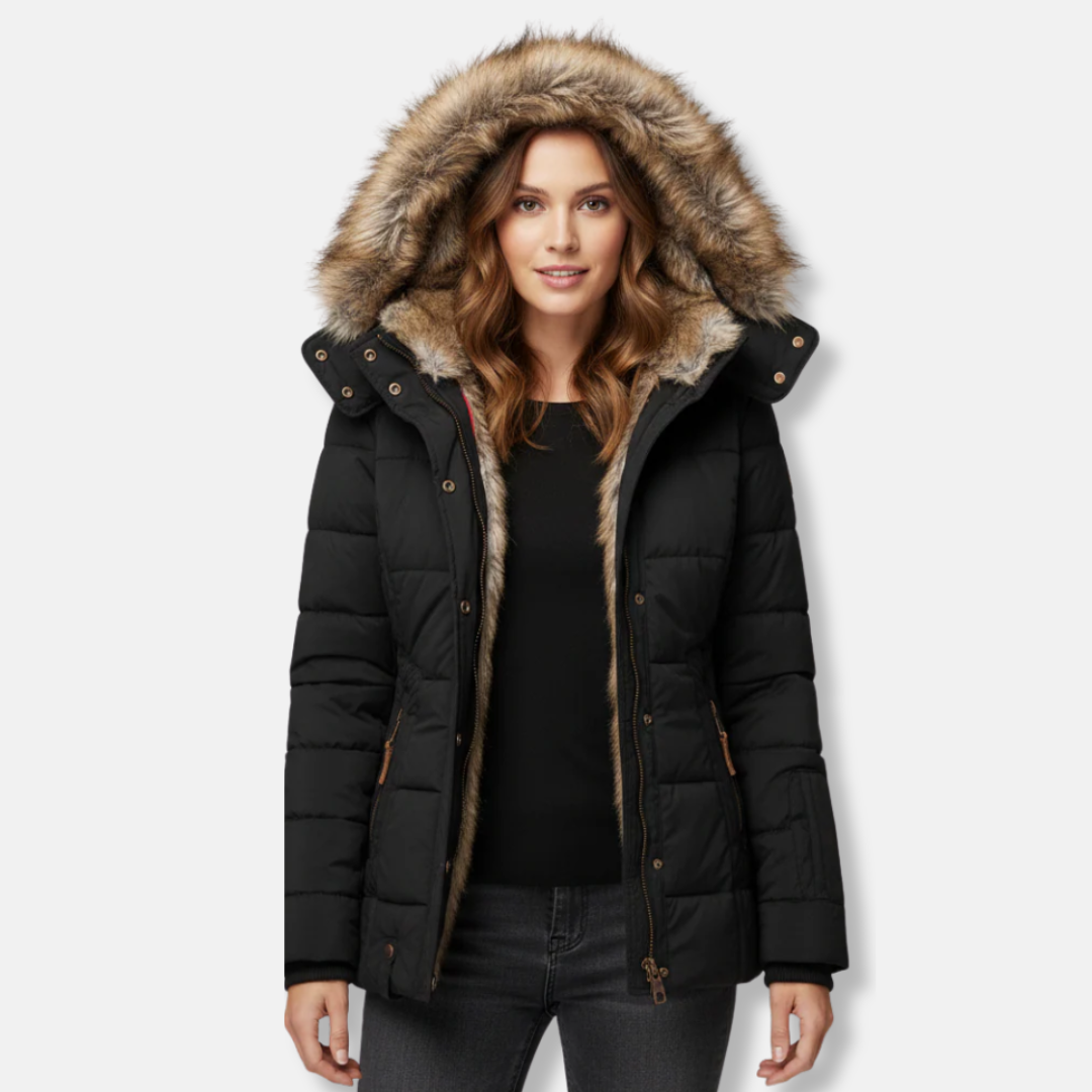 Isla Quilted Puffer Jacket | Fur Trim Hood Hip-Length Jacket