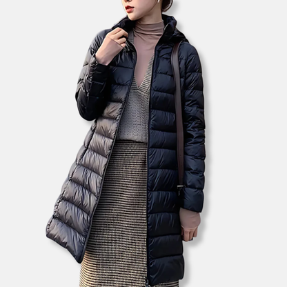 Isla Nylon Puffer Jacket | Quilted Hooded Mid-Length Jacket