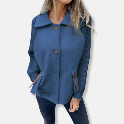 Women's Jacket – Relaxed Fit – Knitted Sleeves – Notched Collar – Button Closure