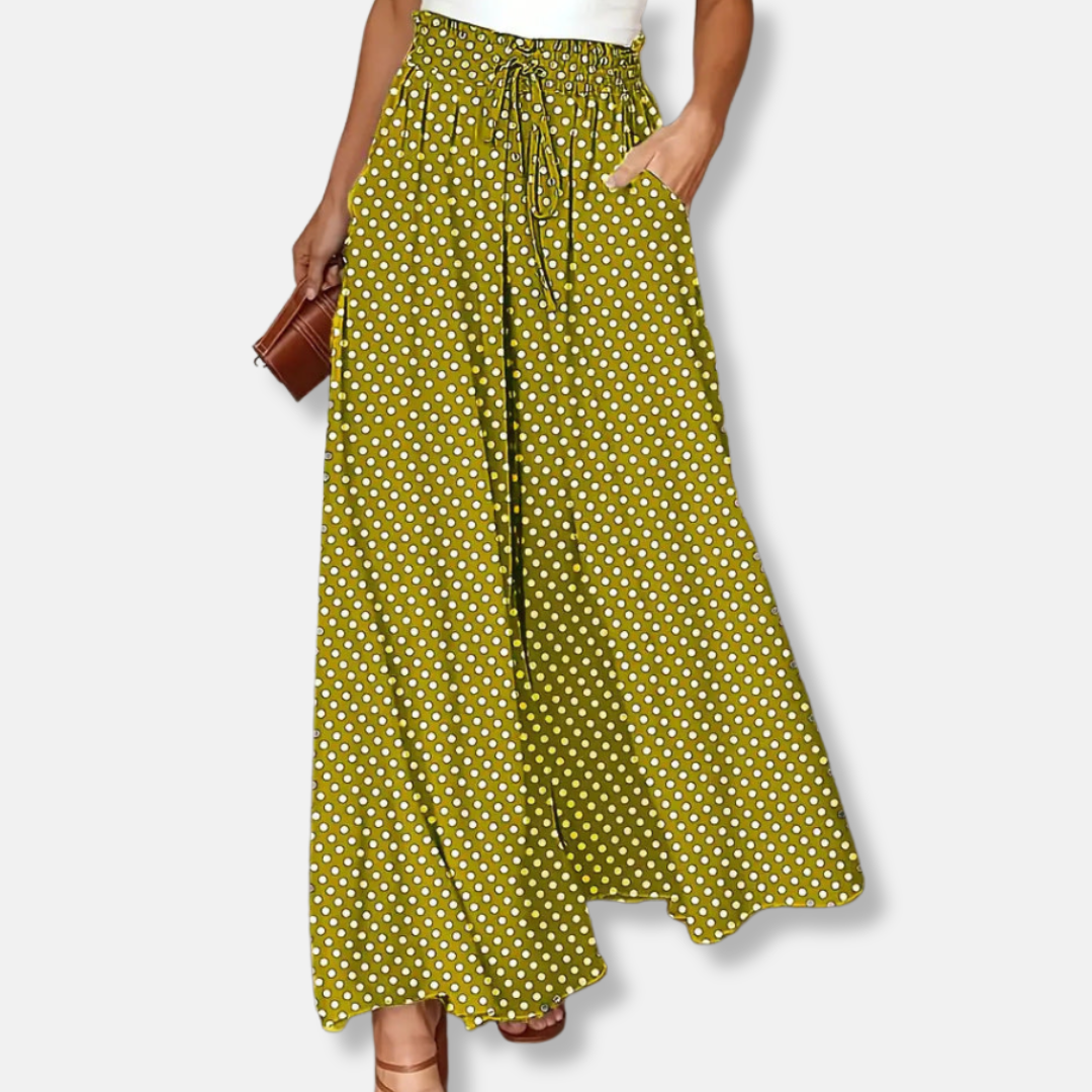 Women's Trousers with Wide Legs – Breathable Fit – Polka Dot Pattern – Drawstring Waist – Casual Style