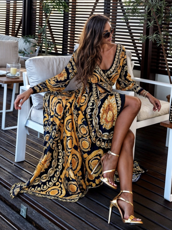 Women's Maxi Dress – Bohemian Print – Wrap Fit – High Slit – Lightweight Long Sleeves