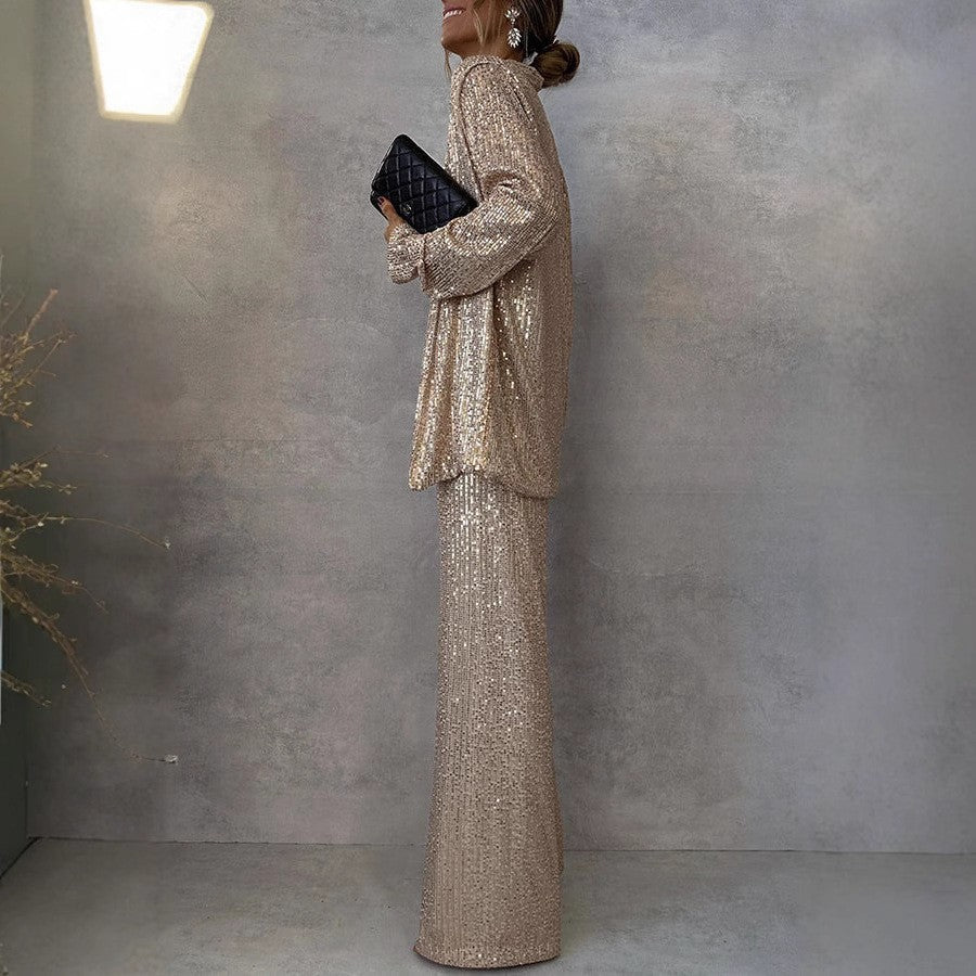 Isla Sequin Embellished Blazer Jacket and High-Waist Wide Leg Trousers Two-Piece Set | Relaxed Fit Open Front Jacket Party Trousers