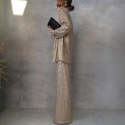 Isla Sequin Embellished Blazer Jacket and High-Waist Wide Leg Trousers Two-Piece Set | Relaxed Fit Open Front Jacket Party Trousers