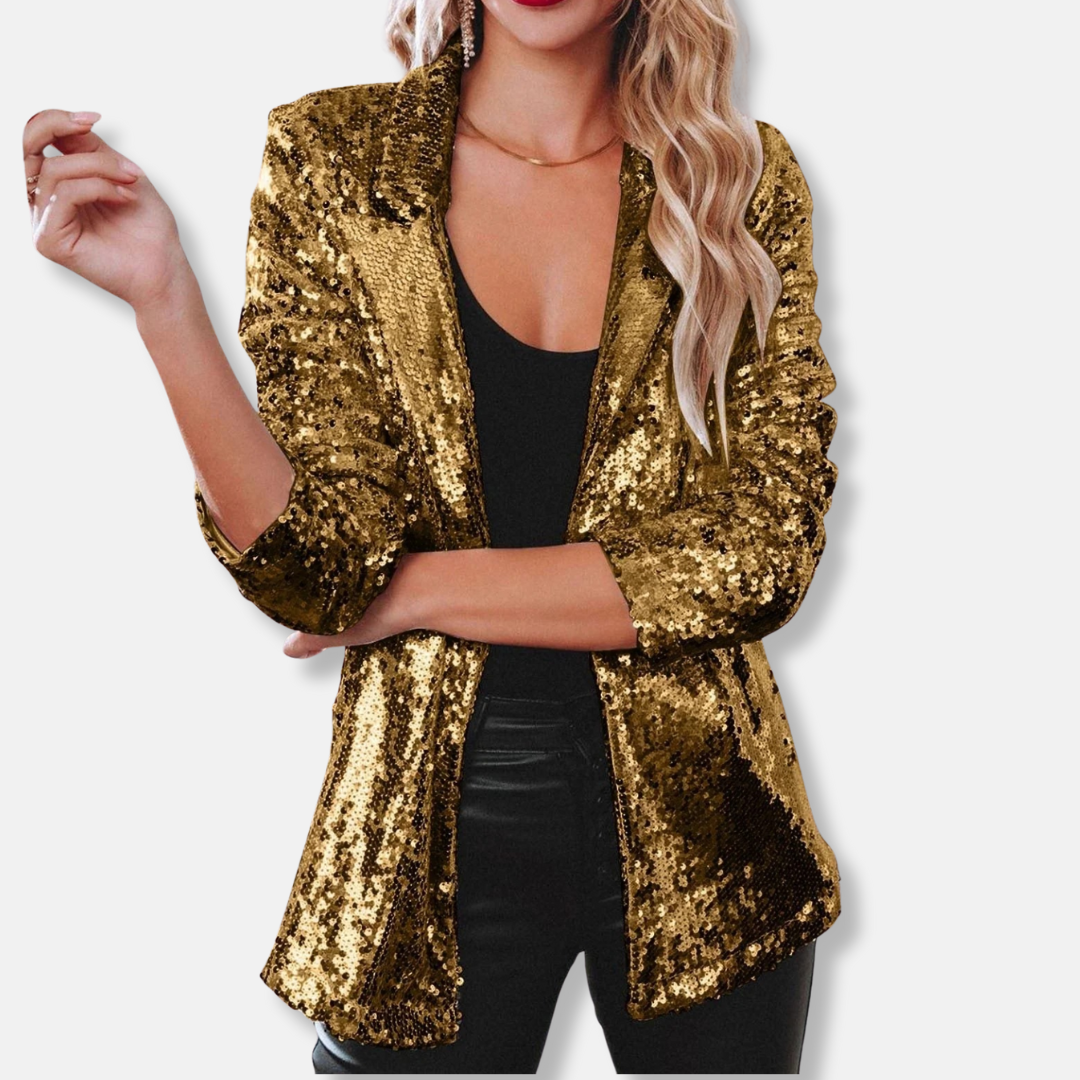 Olivia Sequin-Embellished Collared Blazer | Relaxed Fit Hip-Length Blazer