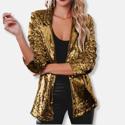Olivia Sequin-Embellished Collared Blazer | Relaxed Fit Hip-Length Blazer