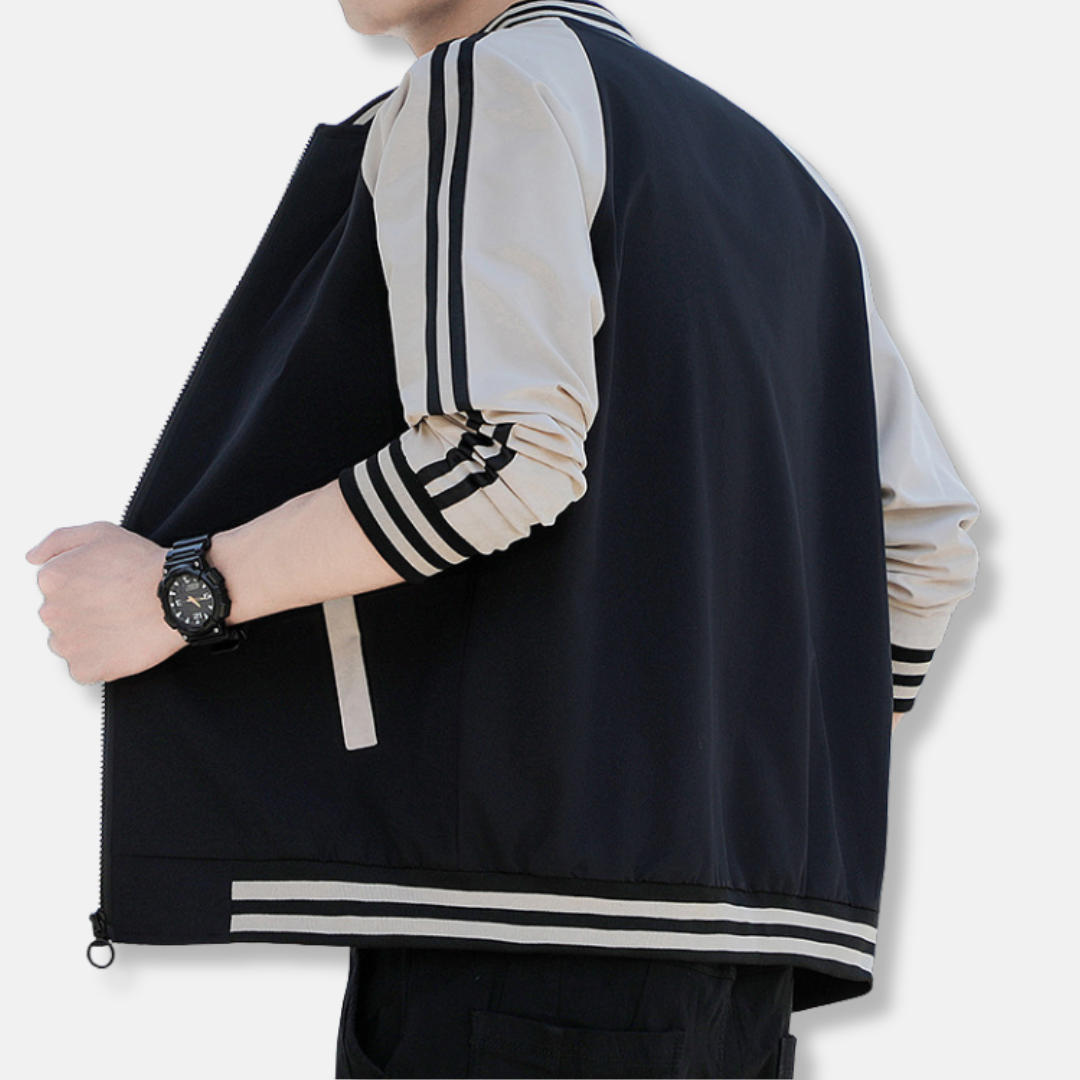 Men's Bomber Jacket – Relaxed Fit – Breathable Lightweight Fabric – Ribbed Trims – Striped Sleeves