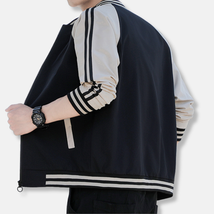Men's Bomber Jacket – Relaxed Fit – Breathable Lightweight Fabric – Ribbed Trims – Striped Sleeves
