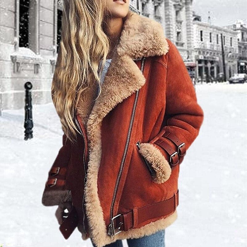 Dame Aviator Jakke - Shearling Foring - Robust Krave - Lynlås og Spænde Detaljer