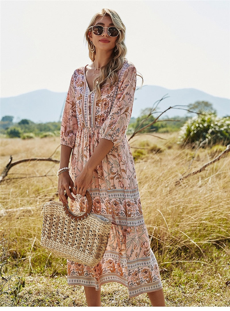Dress for Women – Midi Length – Relaxed Fit – V-Neck – Floral Print