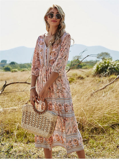 Dress for Women – Midi Length – Relaxed Fit – V-Neck – Floral Print