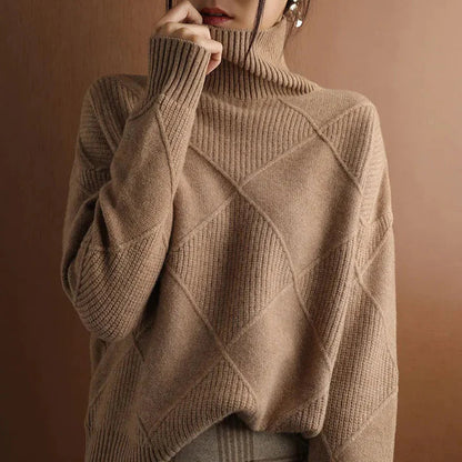 Women's Pullover Sweater – Oversize Fit – High Neck – Ribbed Knit Structure