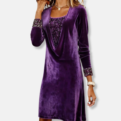 Isla Sequin Embellished Draped Knee-Length Dress | Cowl Neck Long Sleeve Dress