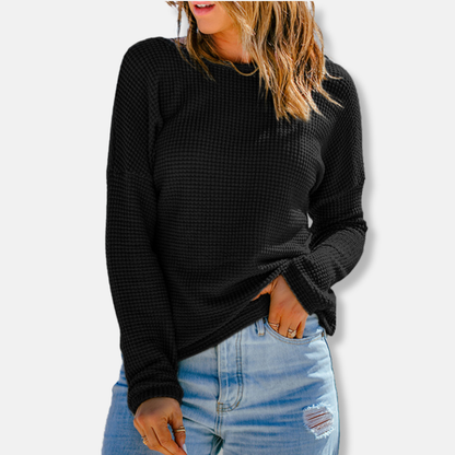 Sophia Cotton Waffle Knit Top | Relaxed Fit Crewneck Top