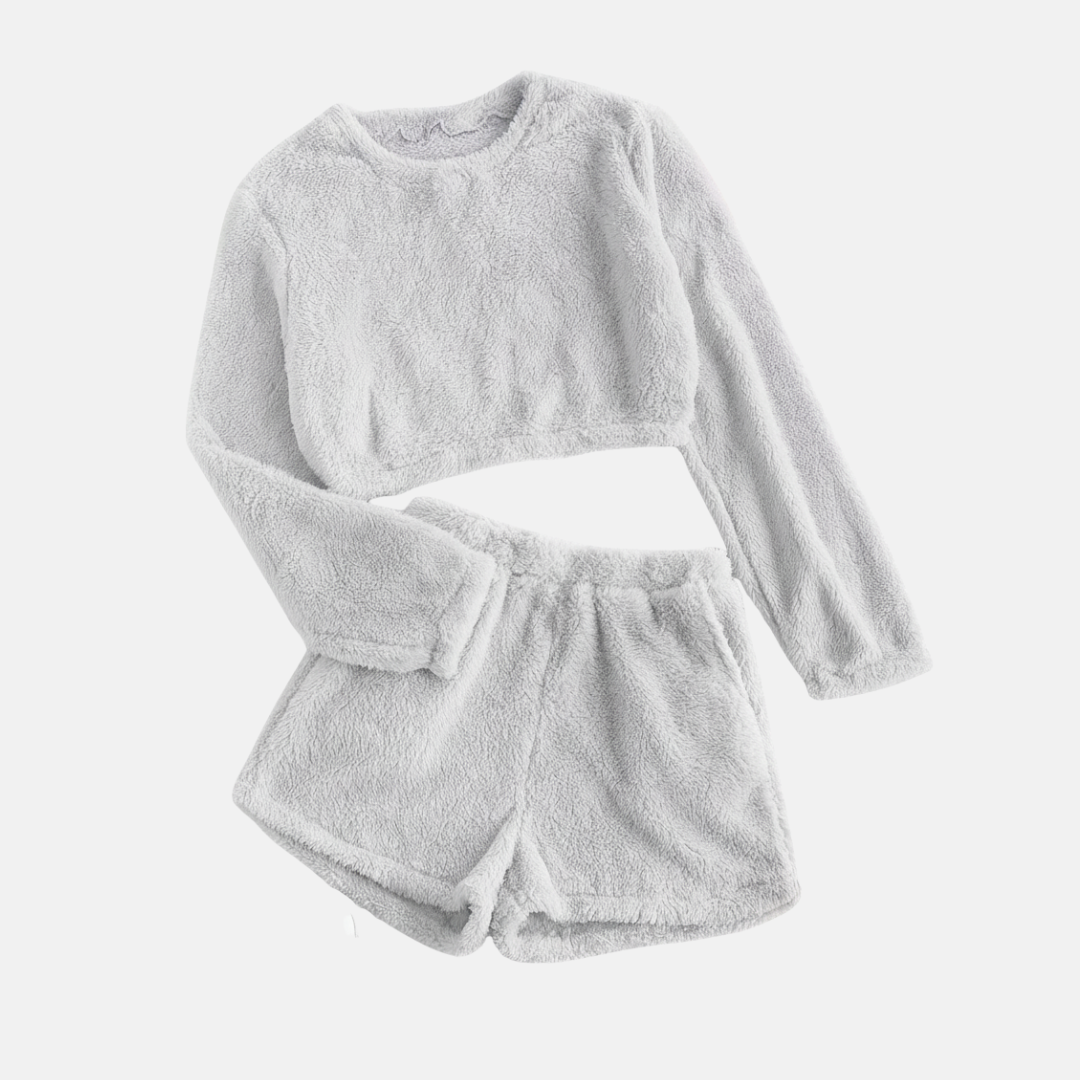 Women's Loungewear Set – Cropped Long-Sleeve Top – High-Waisted Shorts in Soft Fleece