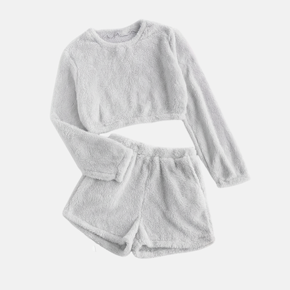 Women's Loungewear Set – Cropped Long-Sleeve Top – High-Waisted Shorts in Soft Fleece