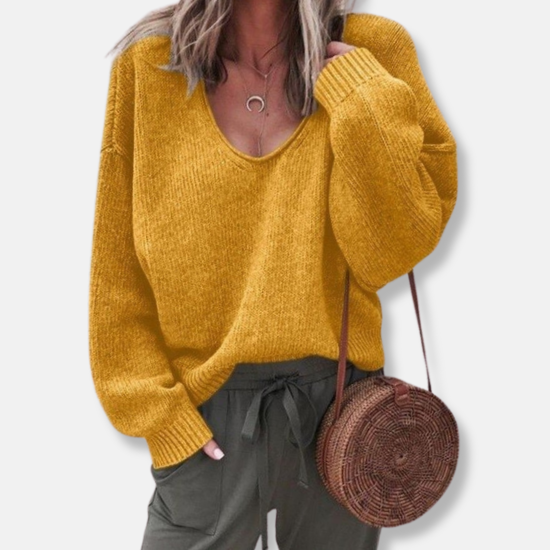 Women's Knit Sweater – Relaxed Fit – Deep V-Neck – Long Sleeves – Soft Wool Knit