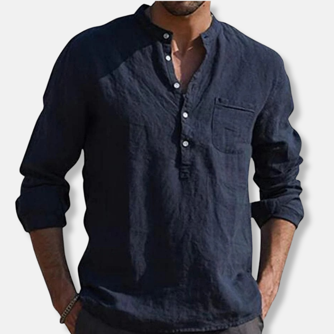 James Relaxed Fit Henley Shirt | Mandarin Collar Long Sleeve Shirt