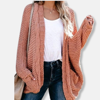 Isla Wool Oversized Cardigan | Ribbed Open Front Pockets Cardigan