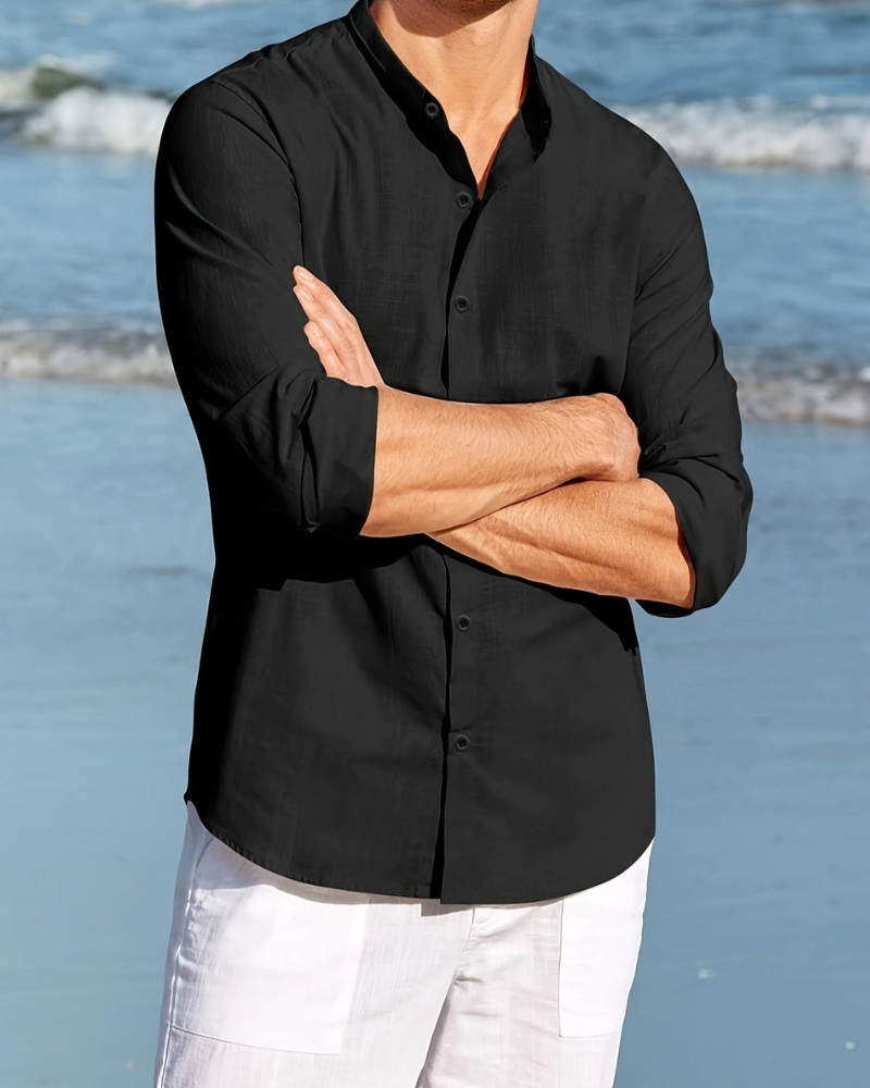 Men's Shirt with Buttons – Relaxed Fit – Natural Fibers – Mandarin Collar – Long Sleeves