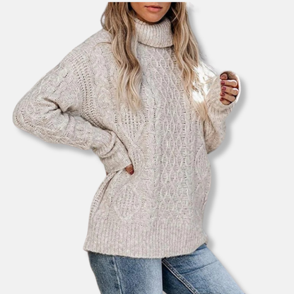 Rosie Turtleneck Sweater | Cable Knit Tunic Length Sweater
