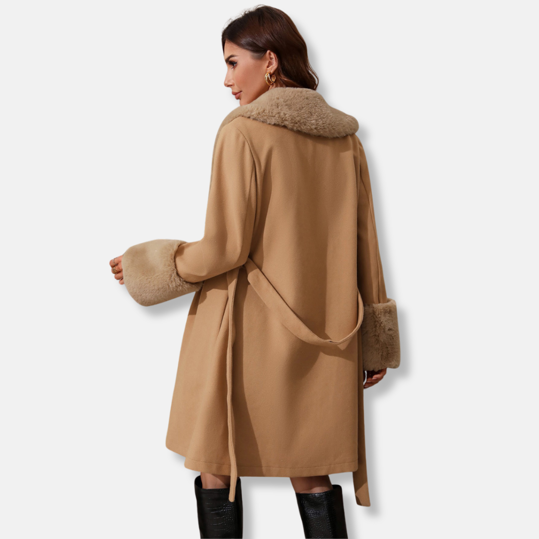 Women's Trench Coat – Tailored Fit – Wool Texture – Belt – Fur Collar and Cuffs