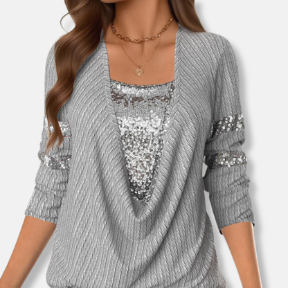 Isla Sequin Embellished Cowl Neck Blouse | Relaxed Fit Hip-Length Blouse