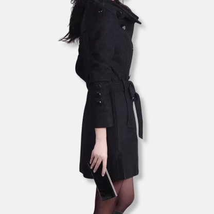 Women's Trench Coat - Wool Blend - Double Breasted Buttons - Belted Waist - Classic Cut