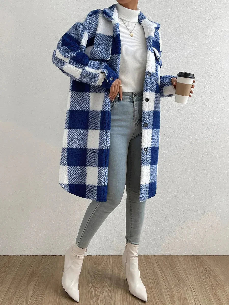 Women's Coat – Oversized Fit – Soft Teddy Texture – Checked Mid-Length Design