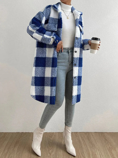 Women's Coat – Oversized Fit – Soft Teddy Texture – Checked Mid-Length Design