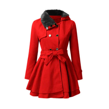 Women's Coat – A-line Cut – Belted Waist – Faux Fur Collar – Double Button Closure