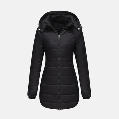 Women’s Longline Padded Coat - Insulated Quilted Design - Two-Way Zipper - Hooded