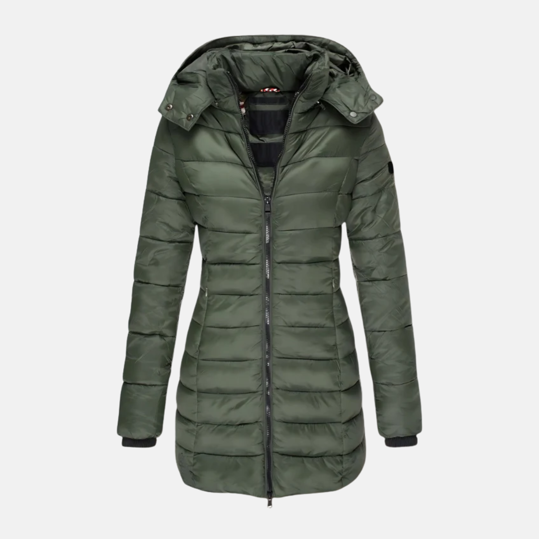 Women’s Puffer Coat - Slim Fit - Mid-Length - Hooded - Ribbed Cuffs