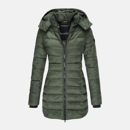 Women’s Puffer Coat - Slim Fit - Mid-Length - Hooded - Ribbed Cuffs