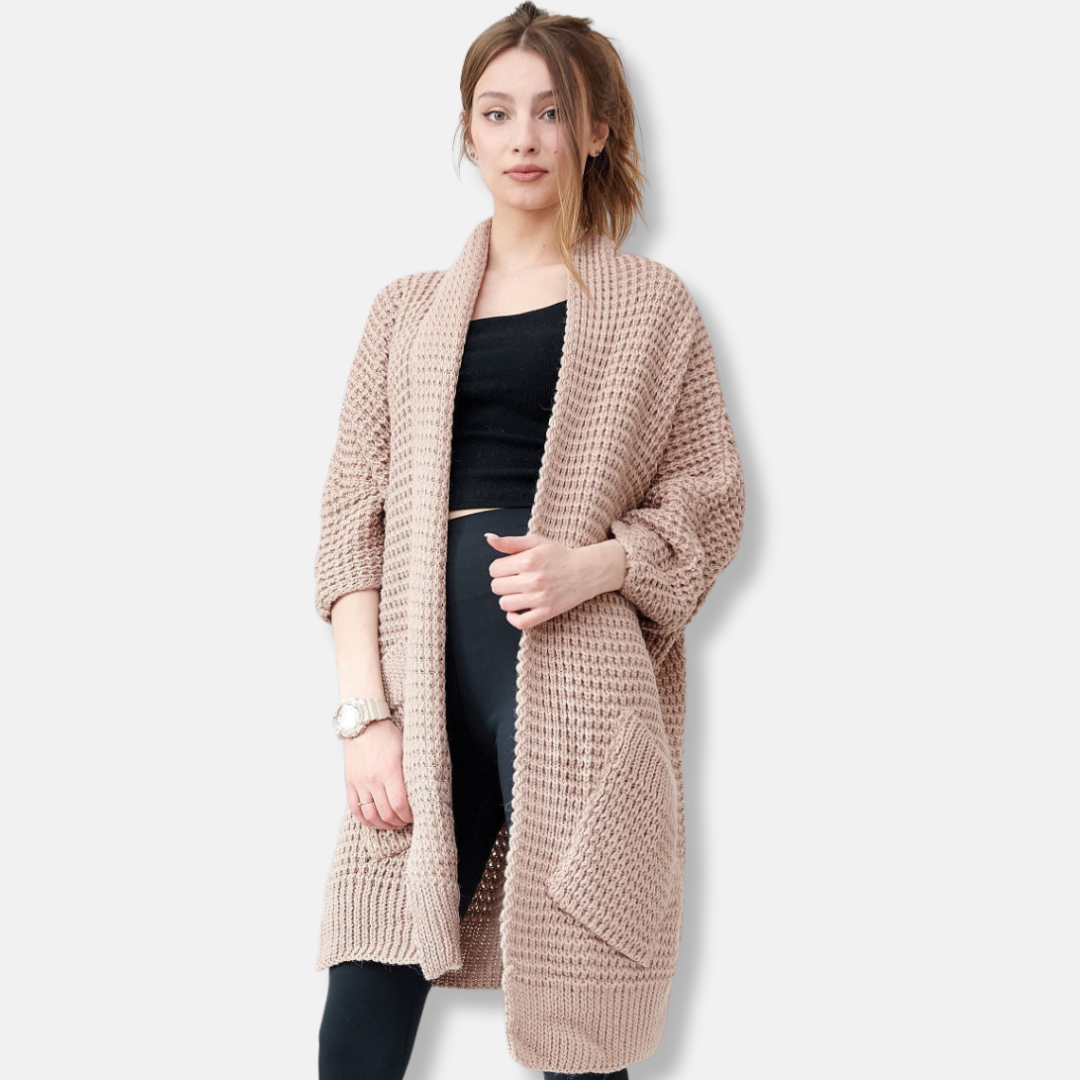 Women's Coat in Knit – Oversized Fit – Open Front – Patch Pockets – Ribbed Edges