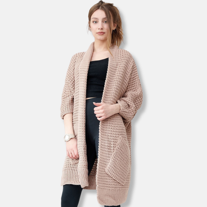 Women's Coat in Knit – Oversized Fit – Open Front – Patch Pockets – Ribbed Edges
