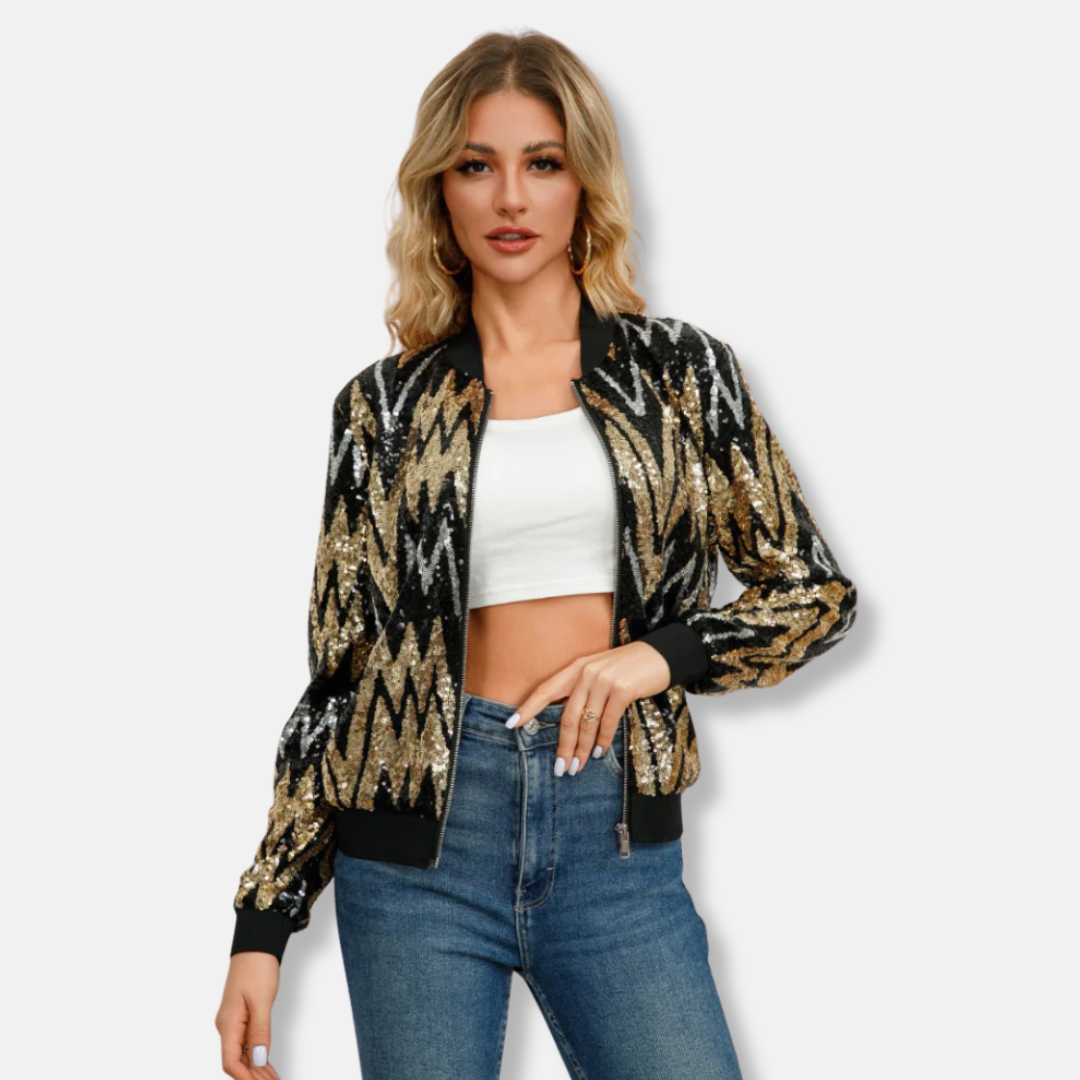 Isabella Sequined Cropped Bomber Jacket | Chevron Pattern Relaxed Fit Bomber Jacket