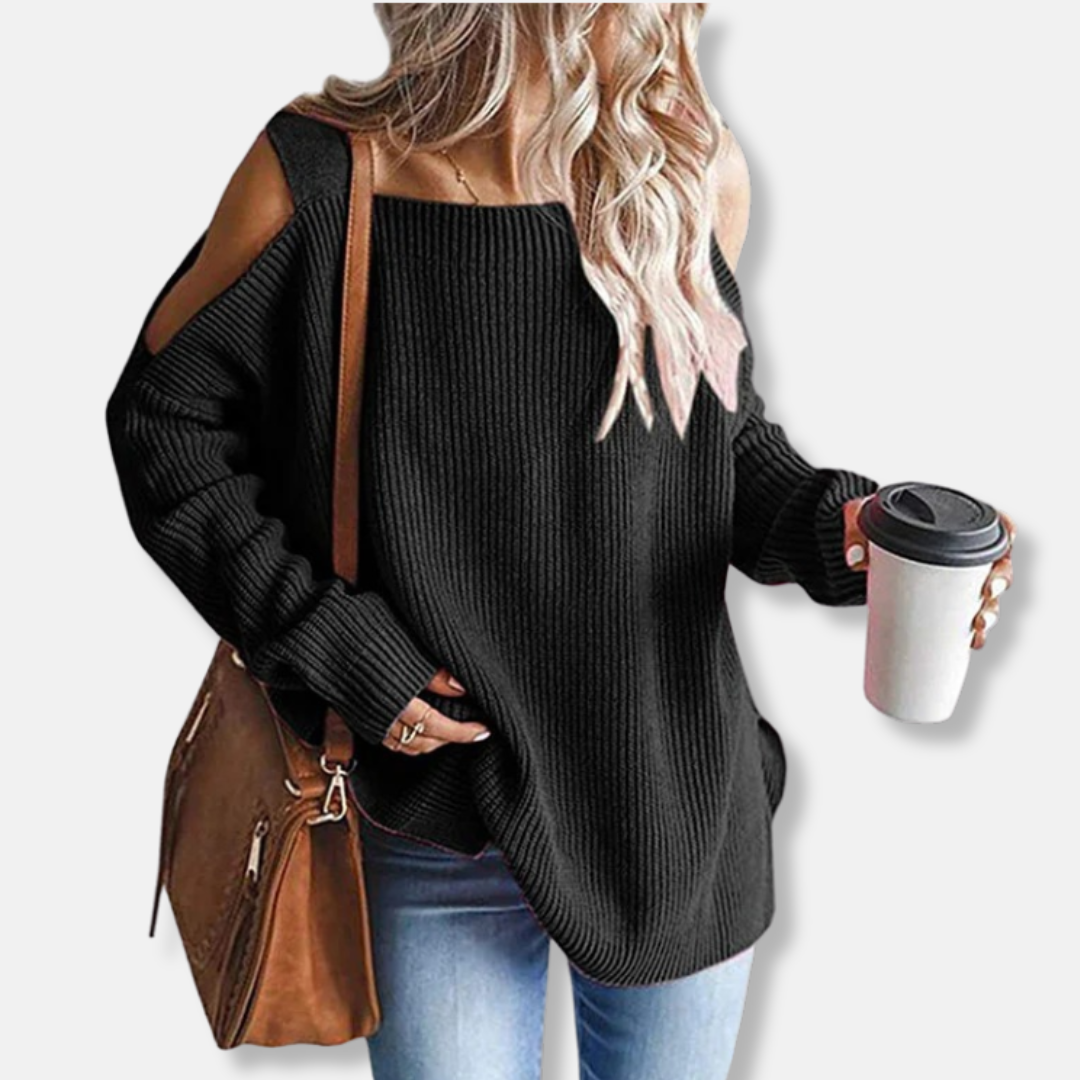 Women's sweater - Open shoulder knit - Loose fit - Ribbed texture
