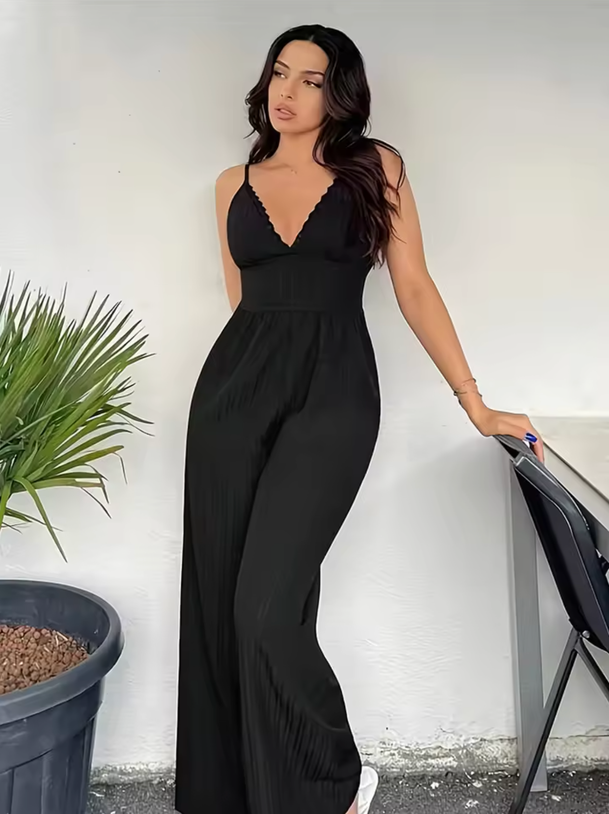 Women's Jumpsuit - V-neck - Sleeveless - Spaghetti Straps - Wide Leg Fit