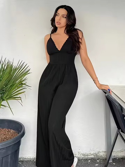 Women's Jumpsuit - V-neck - Sleeveless - Spaghetti Straps - Wide Leg Fit
