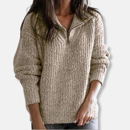 Isla Ribbed Half-Zip Collar Sweater | Solid Relaxed Fit Sweater
