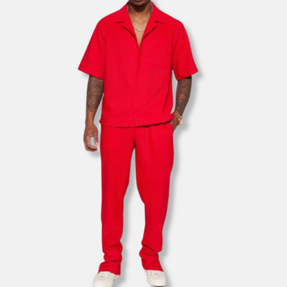 Men's Set – Relaxed Fit – Short-Sleeved Shirt with Collar – Long Pants – Breathable Fabric