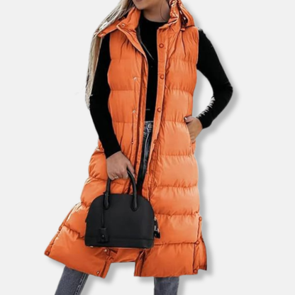 Veronica Long Puffer Vest | Quilted Hooded Sleeveless Vest