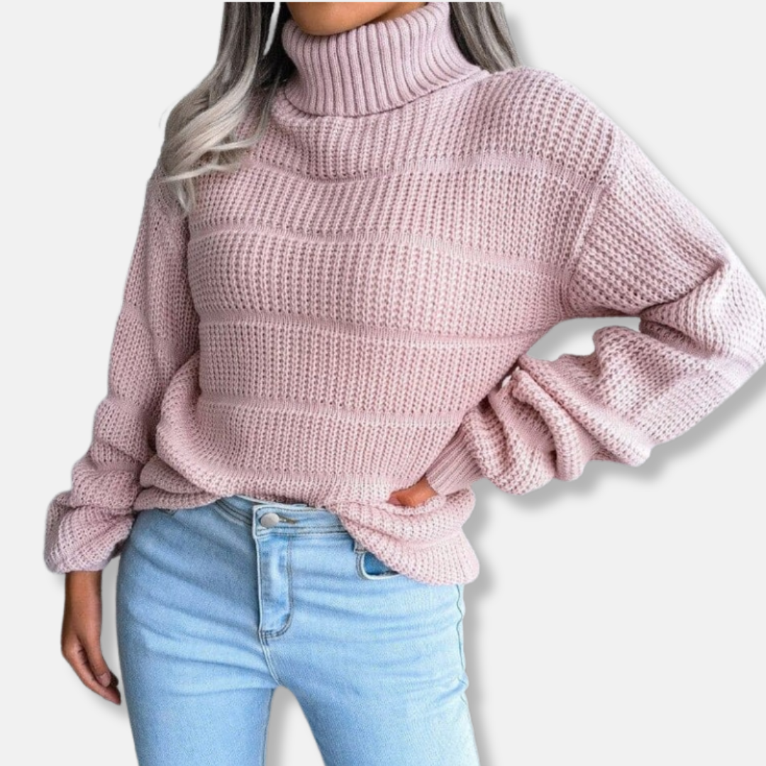 Women's Turtleneck Sweater - Soft Knit - Ribbed Design - Loose Fit - Long-Sleeved