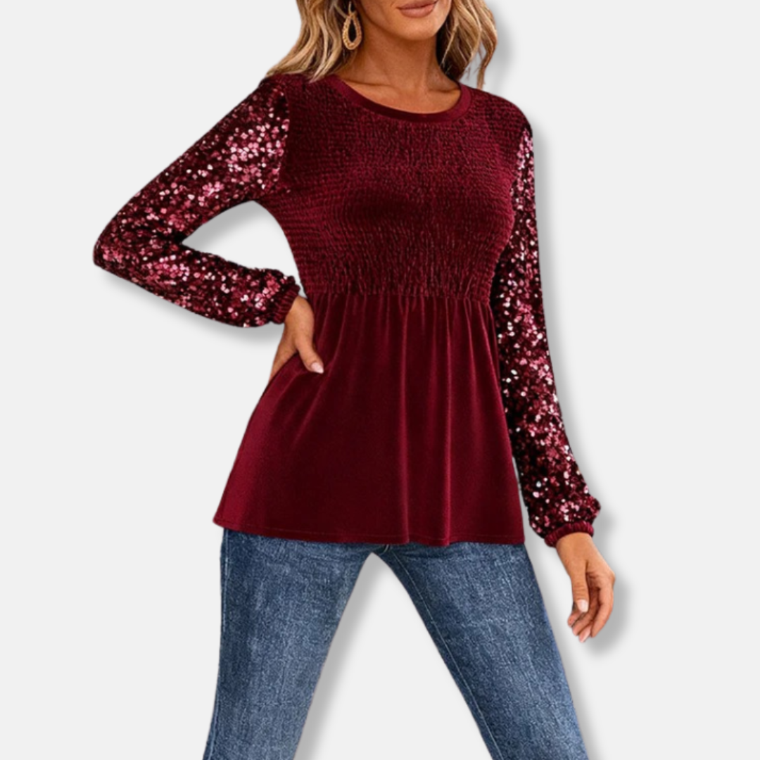 Amelia Peplum Top | Smocked Bodice Sequin Sleeves Peplum Top