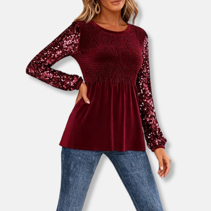 Amelia Peplum Top | Smocked Bodice Sequin Sleeves Peplum Top