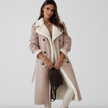 Women’s Trench Coat - Faux Leather - Double Breasted - Belted Waist - Shearling Trim