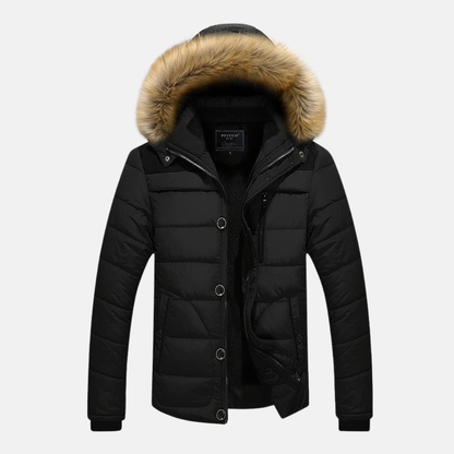 Men’s Puffer Jacket - Woven - Slim Fit - Hip Length - Detachable Faux Fur Hood