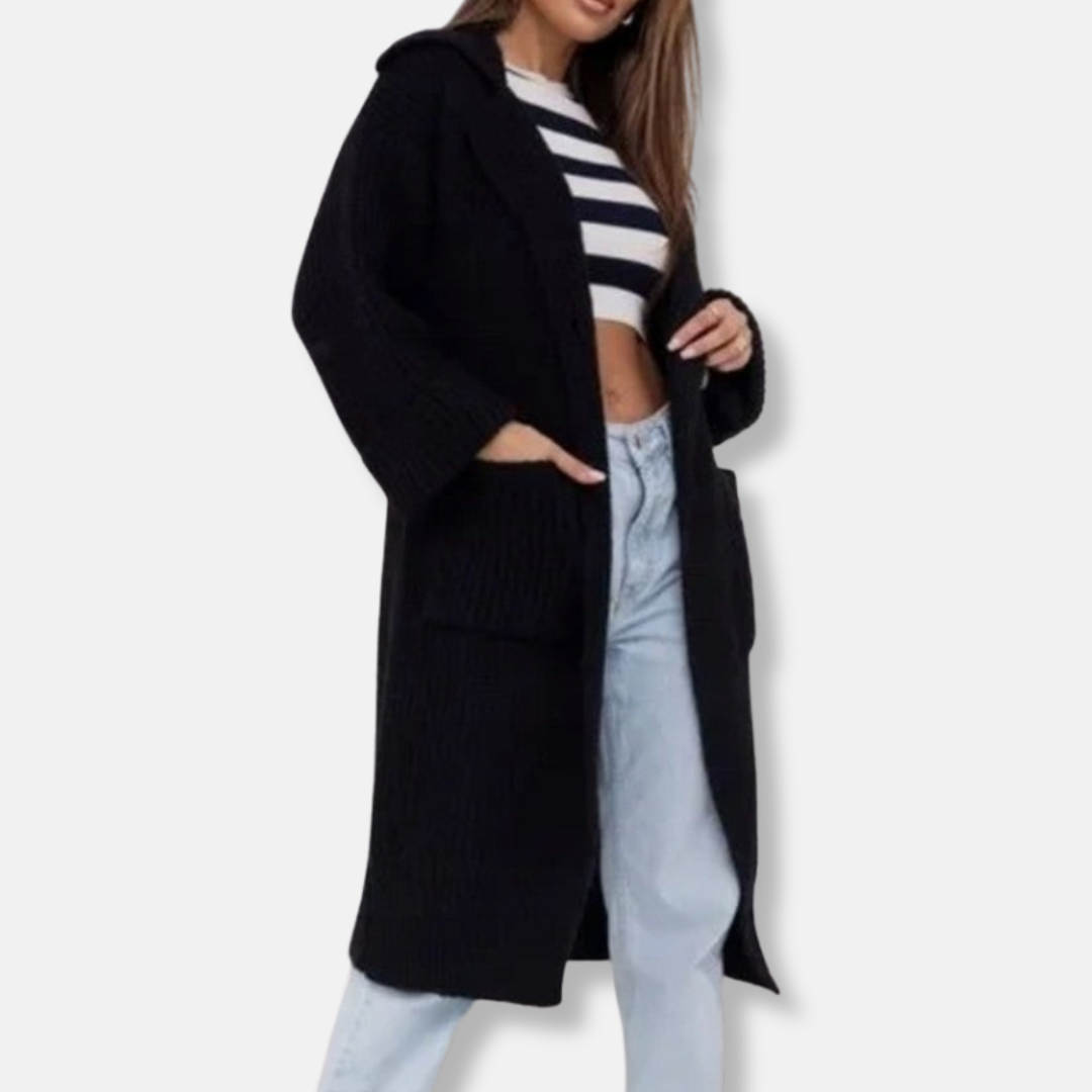 Women's Long Knit Coat – Oversized Fit – Hood – Ribbed Texture – Pockets
